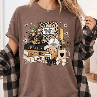 Teach Inspire Love Leopard Teacher T-Shirt, Notebook Coffee Iced Drink Comfort Color Tee