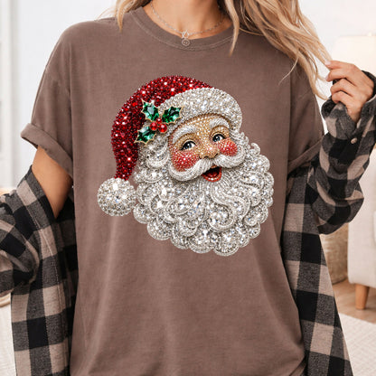 Christmas Santa Claus Vintage T-Shirt, Bejeweled Rhinestone Santa Head Festive Holiday Tee