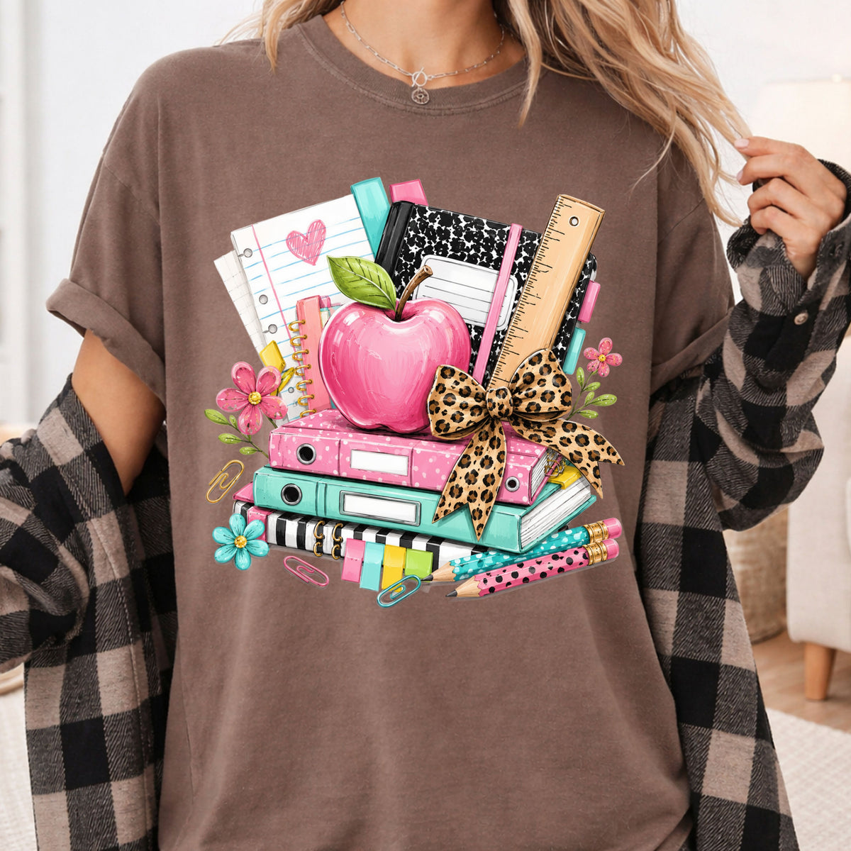 Pink Apple School Supplies T-Shirt, Books Leopard Bow Back to School Teacher Tee