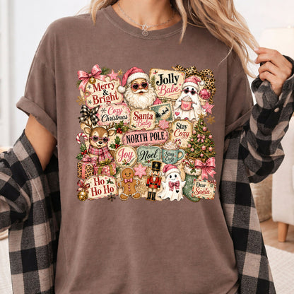 Cozy Pink Christmas Collage T-Shirt, Santa Reindeer Gingerbread Nutcracker North Pole Holiday Tee