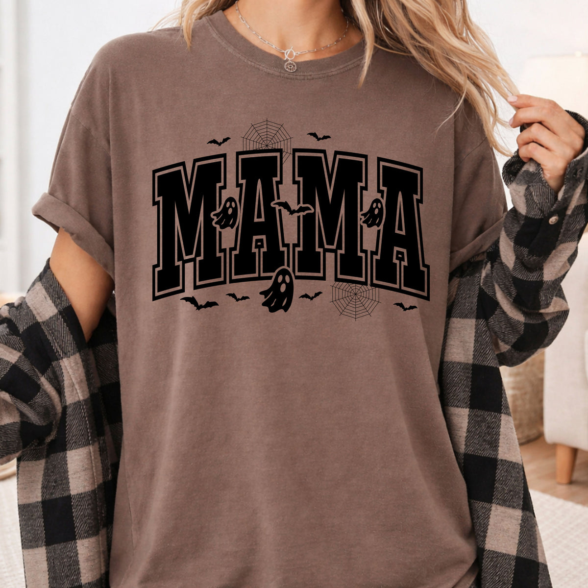Mama Halloween Spooky Ghost Bats T-Shirt, Varsity Cute Mom Tee