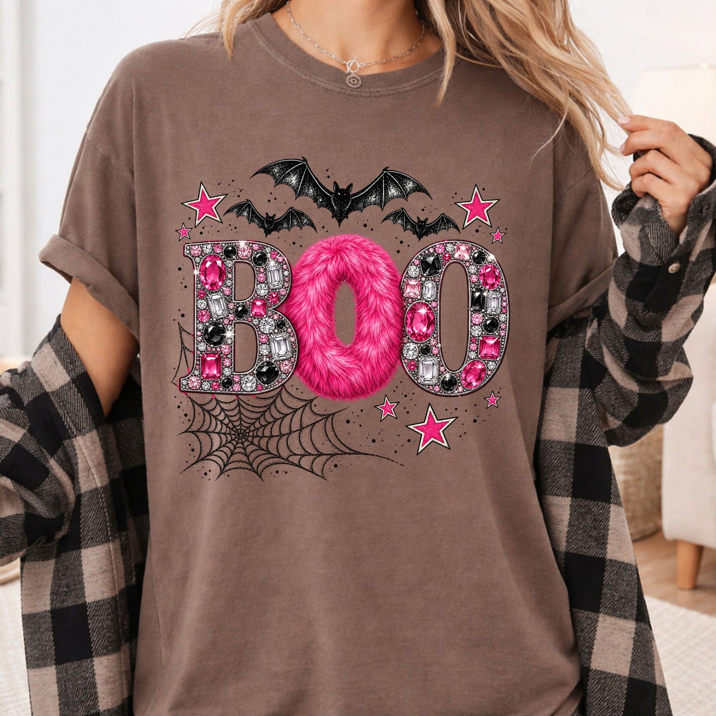 Boo Pink Glitter Bats Halloween T-Shirt, Spider Web Sparkle Comfort Color Tee