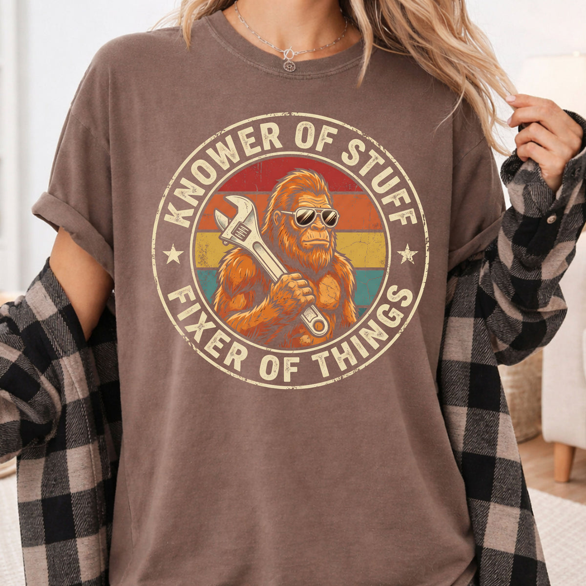 Funny Bigfoot Knower of Stuff Fixer of Things T-Shirt, Retro Sasquatch Wrench Sunglasses Dad Handyman Tee