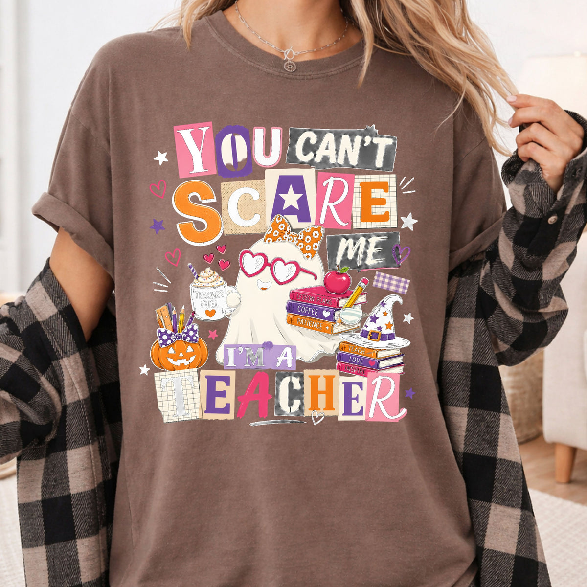 You Can't Scare Me Teacher Halloween T-Shirt, Ghost Books Coffee Comfort Color Tee