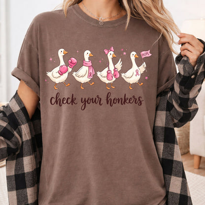 Check Your Honkers Ducks Breast Cancer Awareness T-Shirt, Pink Ribbon Boxing Gloves Geese Tee