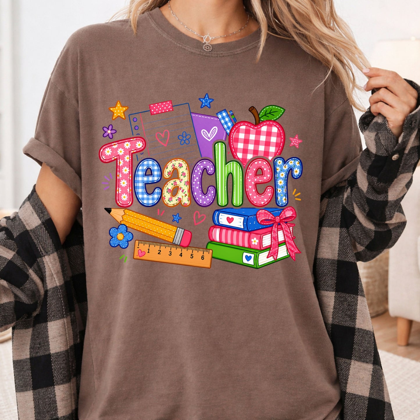 Teacher Apple Books Pencil T-Shirt, Colorful School Supplies Back to School Comfort Color Tee