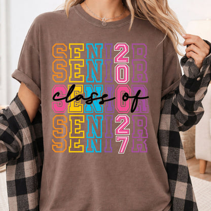 Senior Class of 2027 Colorful Retro T-Shirt, Stacked Varsity Letters Pastel Graduation Tee