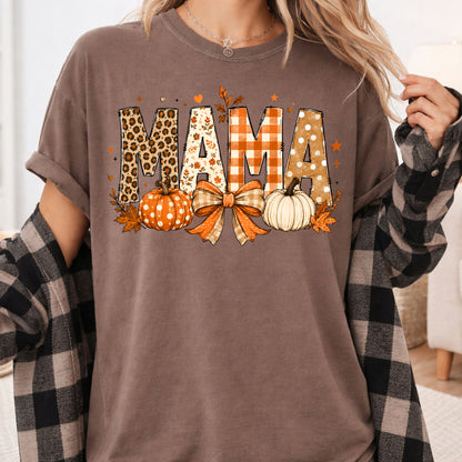 Fall Mama Pumpkin Leopard Plaid T-Shirt, Varsity Letters Autumn Leaves Bow Thanksgiving Mom Tee