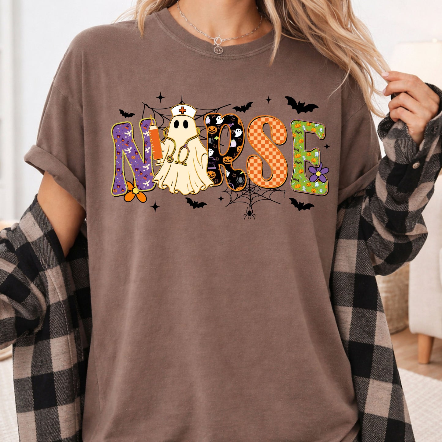 Halloween Nurse Ghost T-Shirt, Spooky Nurse Life Hat Syringe Bats Tee