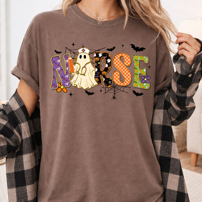 Halloween Nurse Ghost T-Shirt, Spooky Nurse Life Hat Syringe Bats Tee