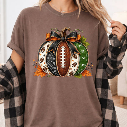 Football Pumpkin Bow Fall T-Shirt, Game Day Football Field Patchwork Autumn Tee