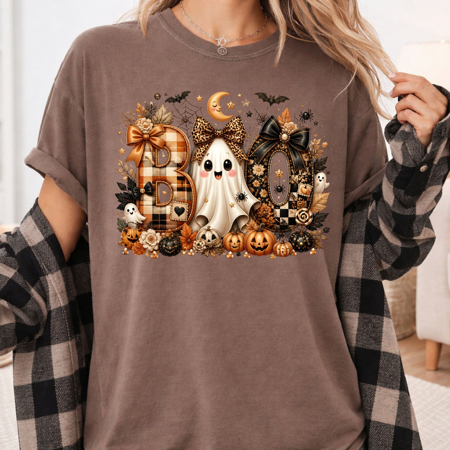 Halloween Boo Ghost T-Shirt, Cute Bows Orange Plaid Leopard Spooky Season Comfort Color Tee