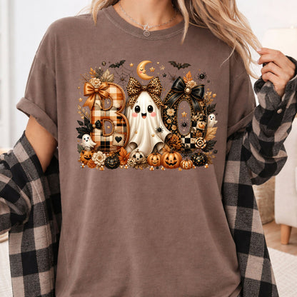 Halloween Boo Ghost T-Shirt, Cute Bows Orange Plaid Leopard Spooky Season Comfort Color Tee