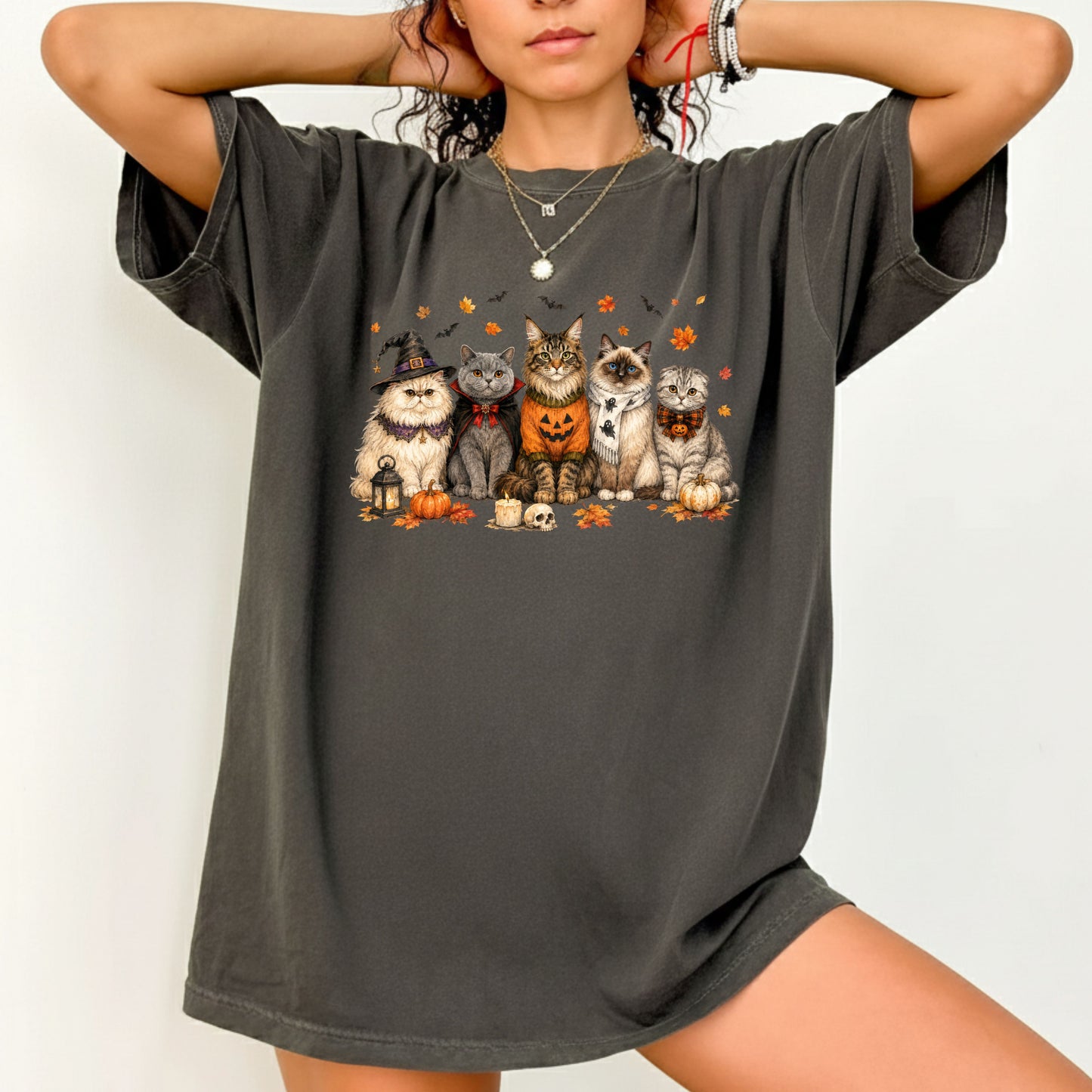 Halloween Cats Comfort Colors T Shirts Cute Witchy Kitty Sweater Tee Spooky Pumpkin Vampire Cat Shirt Autumn Fall Leaves Graphic Gifts