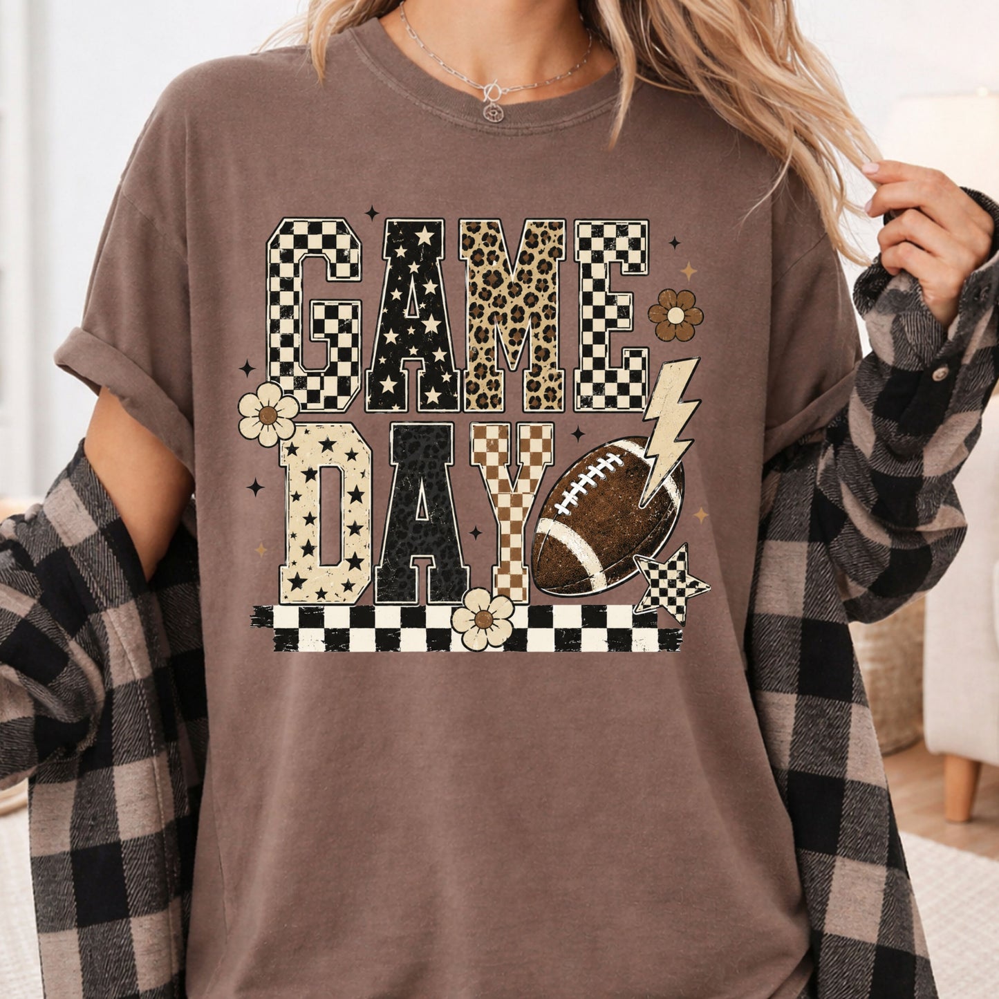 Game Day Leopard Football T-Shirt, Checkered Lightning Bolt Retro Western Tee Sweatshirt