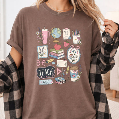 Cute Teacher Supplies Coquette T-Shirt, Books Coffee Globe Pink Bows Back to School Tee