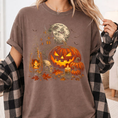Vintage Haunted House Halloween T-Shirt, Pumpkin Lantern Jack O Lantern Spooky Autumn Tee