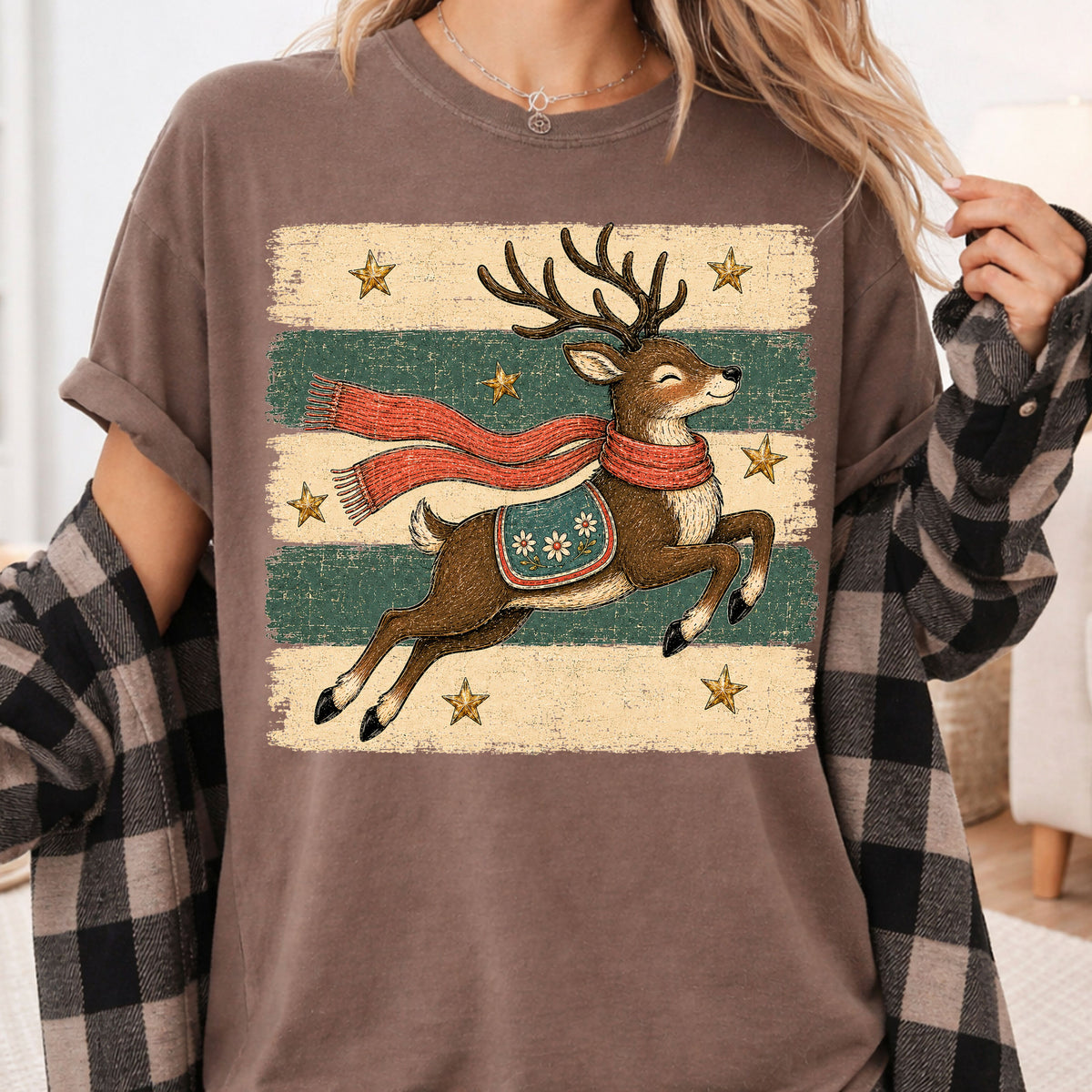 Vintage Christmas Reindeer T-Shirt, Flying Reindeer Scarf Retro Winter Comfort Color Tee