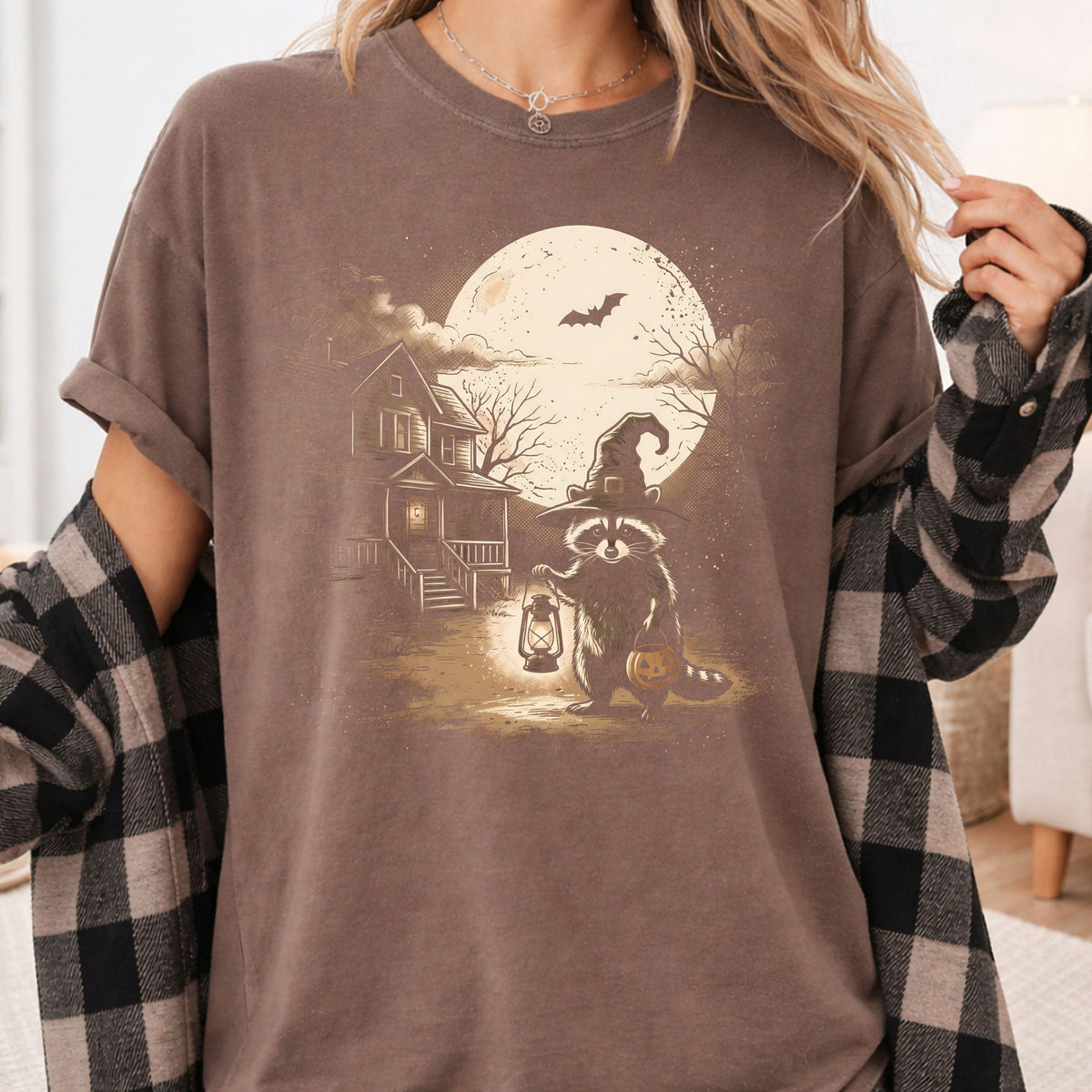Vintage Halloween Mouse Witch T-Shirt, Full Moon Pumpkin House Sepia Trick or Treat Spooky Fall Tee