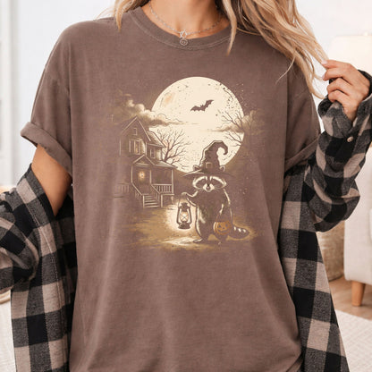 Vintage Halloween Mouse Witch T-Shirt, Full Moon Pumpkin House Sepia Trick or Treat Spooky Fall Tee