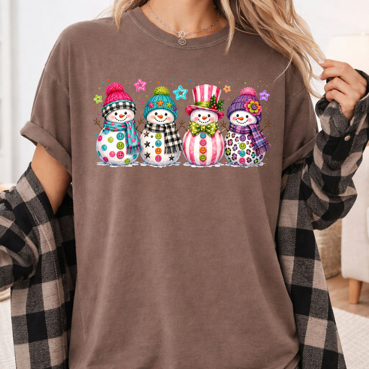 Christmas Colorful Snowmen T-Shirt, Cute Winter Snowman Beanies Scarves Holiday Tee