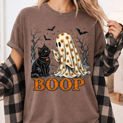 Halloween Cute Ghost Boop Black Cat T-Shirt, Floral Sheet Bats Spooky Season Tee