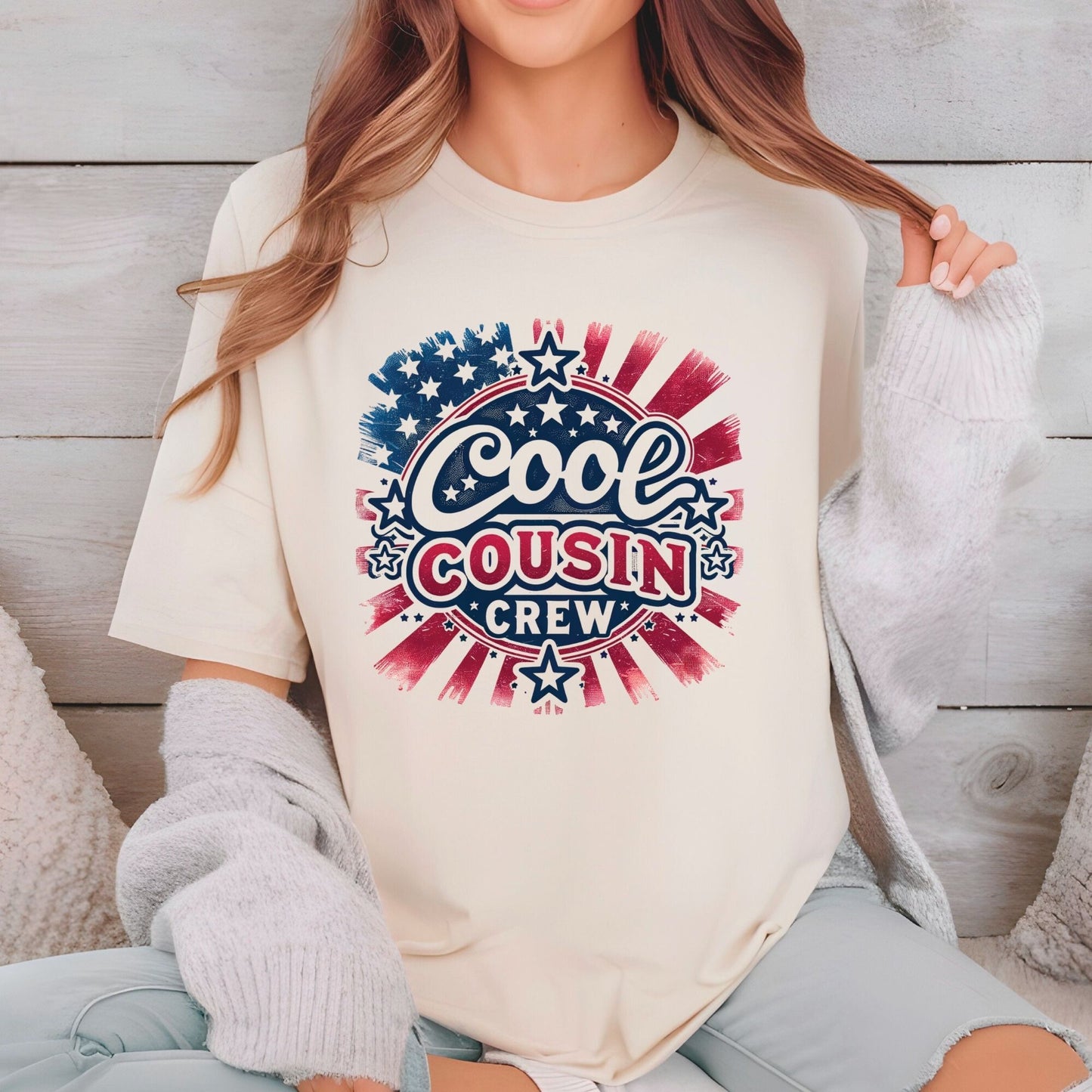 Cool Cousin Crew 4th of July Patriotic DTF Transfer Ready to Press American Flag UV DTF Sticker Independence Day Stars Heat Transfer for Shirts