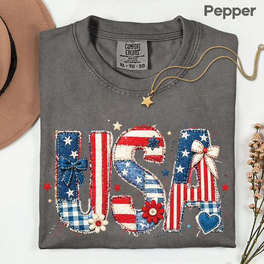 Coppy USA Letters Comfort Colors T Shirts Cute Patriotic Tee Coppy America Flag Shirt 4th of July Bow Red White Blue Fourth of July Gifts