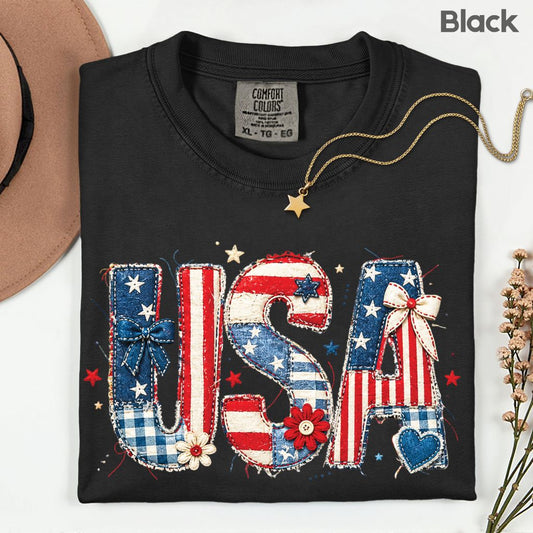 Coppy USA Letters Comfort Colors T Shirts Cute Patriotic Tee Coppy America Flag Shirt 4th of July Bow Red White Blue Fourth of July Gifts