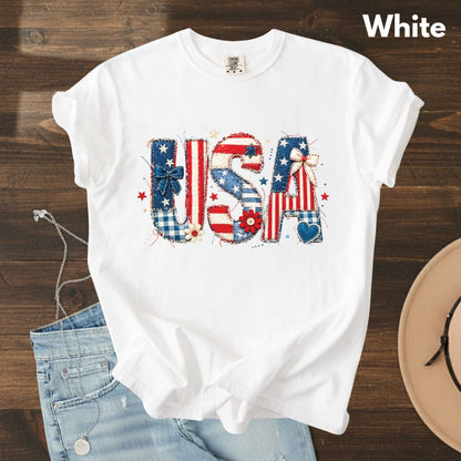 Coppy USA Letters Comfort Colors T Shirts Cute Patriotic Tee Coppy America Flag Shirt 4th of July Bow Red White Blue Fourth of July Gifts