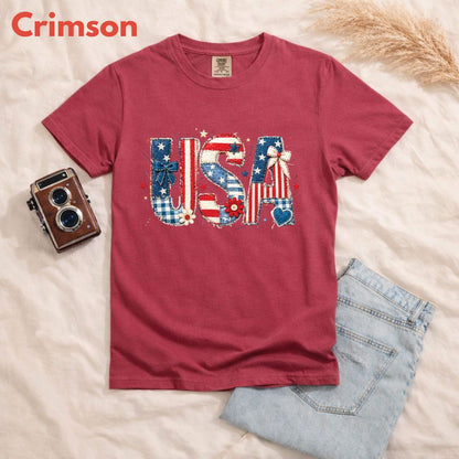 Coppy USA Letters Comfort Colors T Shirts Cute Patriotic Tee Coppy America Flag Shirt 4th of July Bow Red White Blue Fourth of July Gifts