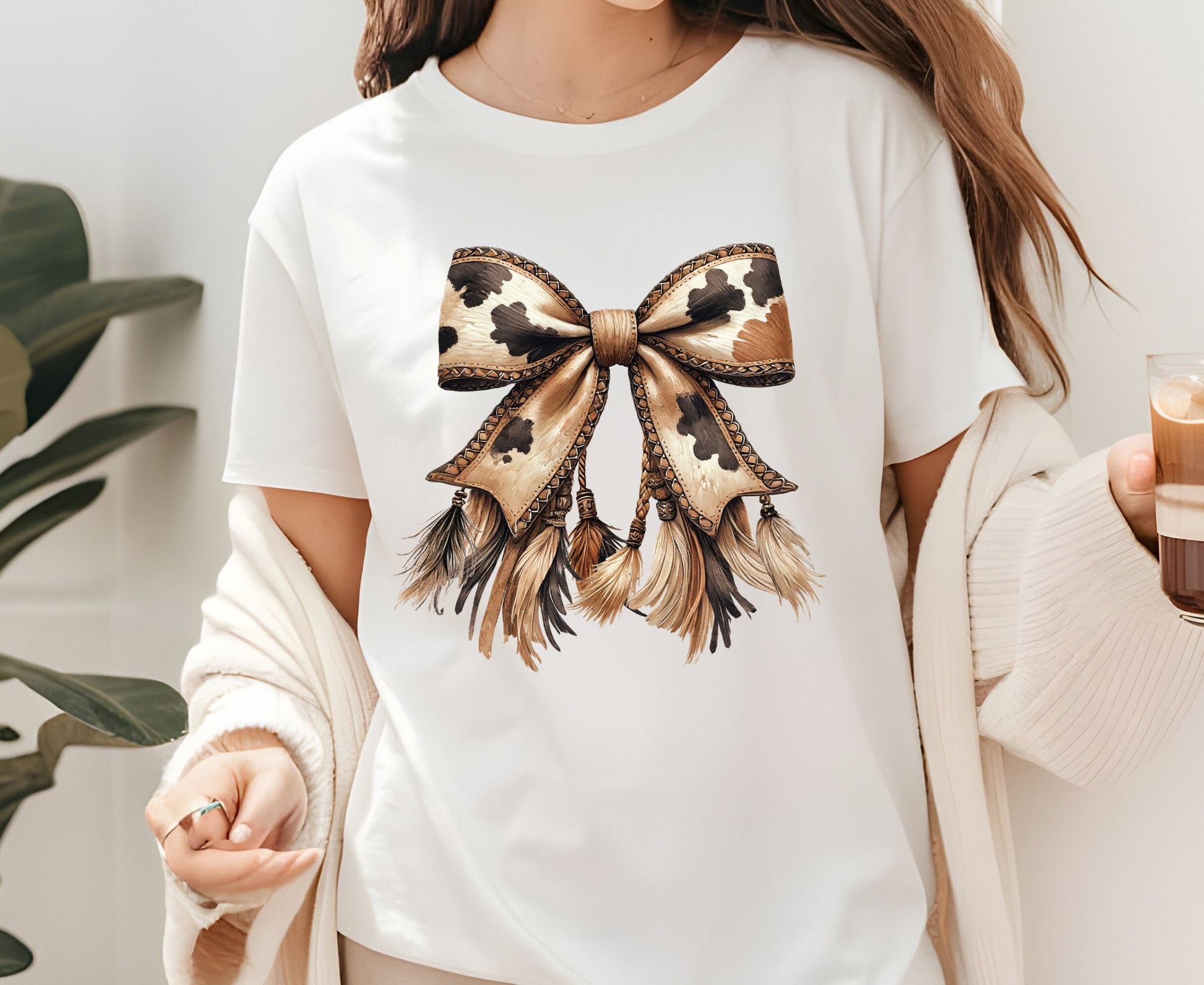Cow Print Bow T Shirt Adult Youth Toddler Baby Western Graphic Tee Leather Coquette Aesthetic Country Girl Retro Rodeo Feather Tassel Gift