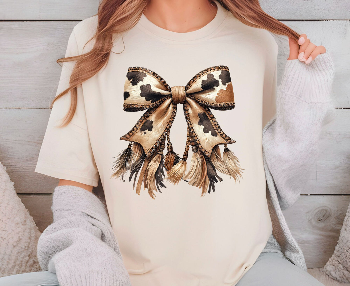 Cow Print Bow T Shirt Adult Youth Toddler Baby Western Graphic Tee Leather Coquette Aesthetic Country Girl Retro Rodeo Feather Tassel Gift