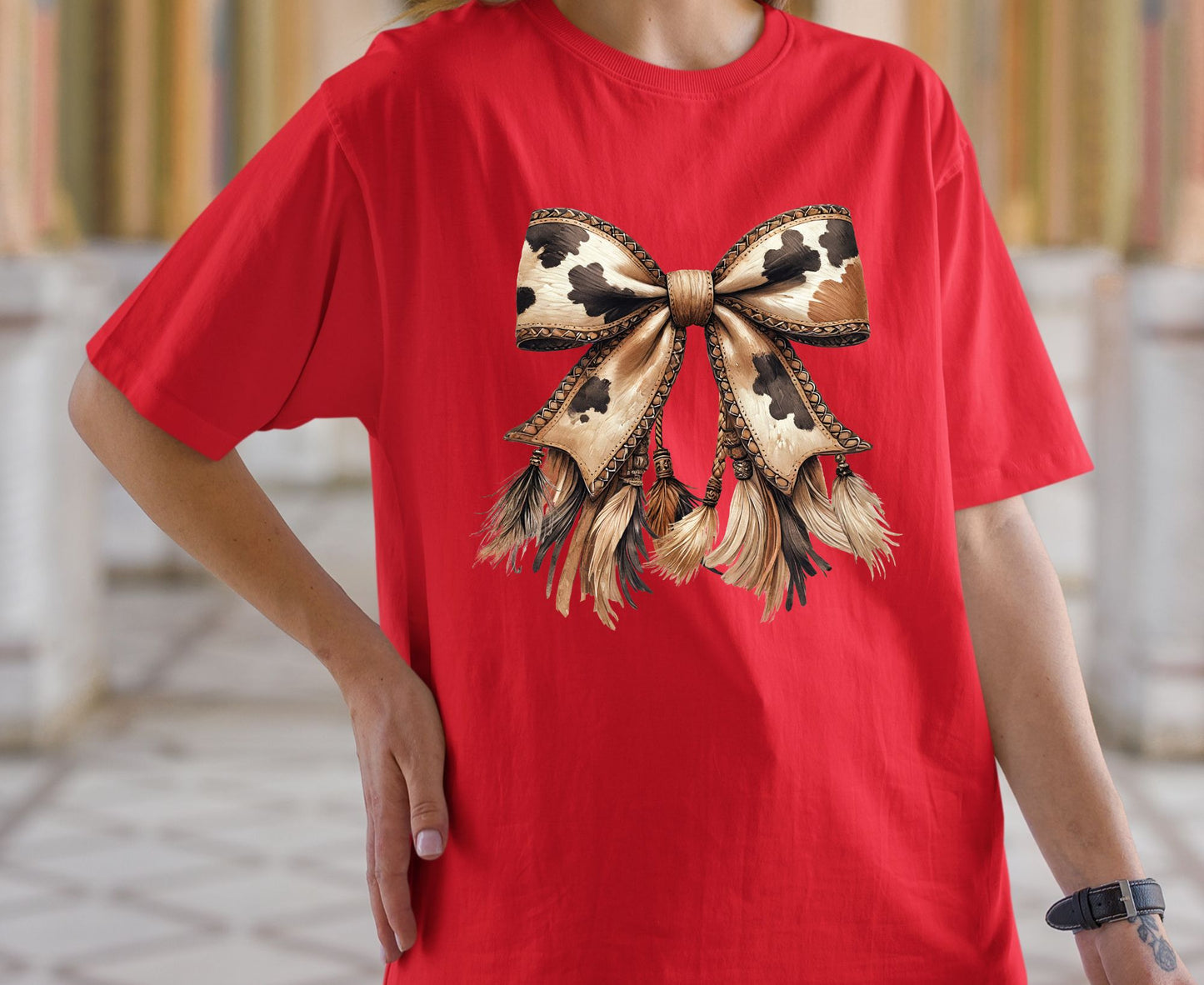 Cow Print Bow T Shirt Adult Youth Toddler Baby Western Graphic Tee Leather Coquette Aesthetic Country Girl Retro Rodeo Feather Tassel Gift