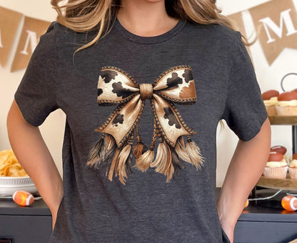 Cow Print Bow T Shirt Adult Youth Toddler Baby Western Graphic Tee Leather Coquette Aesthetic Country Girl Retro Rodeo Feather Tassel Gift