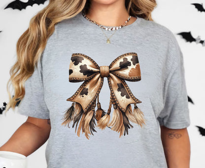 Cow Print Bow T Shirt Adult Youth Toddler Baby Western Graphic Tee Leather Coquette Aesthetic Country Girl Retro Rodeo Feather Tassel Gift