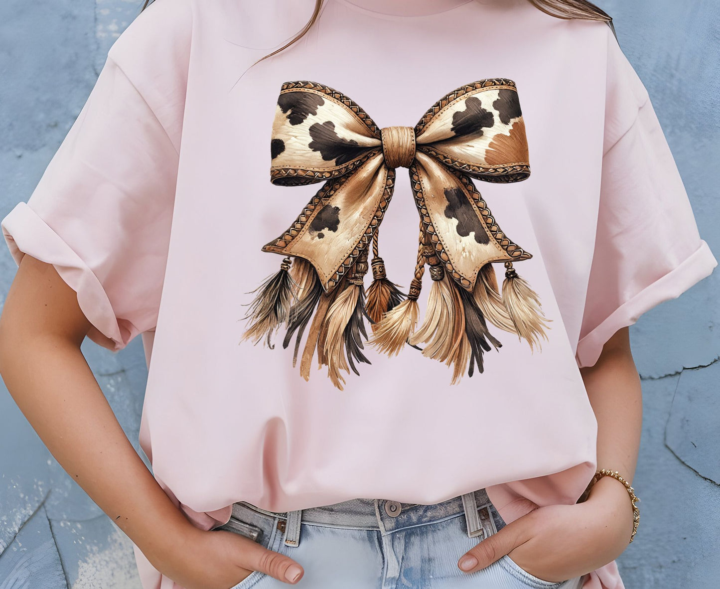 Cow Print Bow T Shirt Adult Youth Toddler Baby Western Graphic Tee Leather Coquette Aesthetic Country Girl Retro Rodeo Feather Tassel Gift