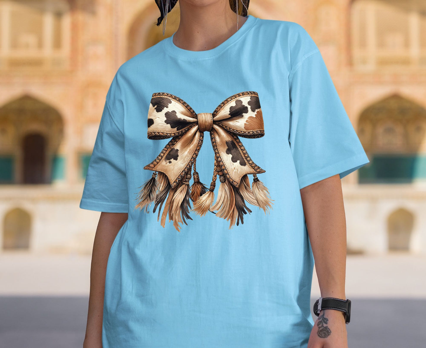 Cow Print Bow T Shirt Adult Youth Toddler Baby Western Graphic Tee Leather Coquette Aesthetic Country Girl Retro Rodeo Feather Tassel Gift