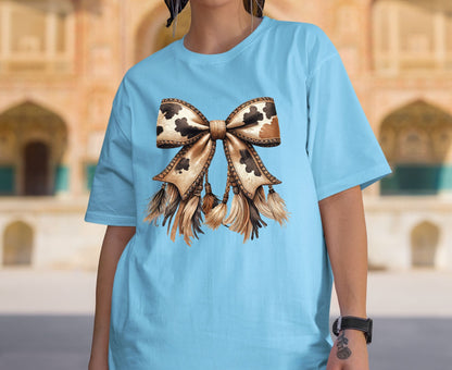 Cow Print Bow T Shirt Adult Youth Toddler Baby Western Graphic Tee Leather Coquette Aesthetic Country Girl Retro Rodeo Feather Tassel Gift