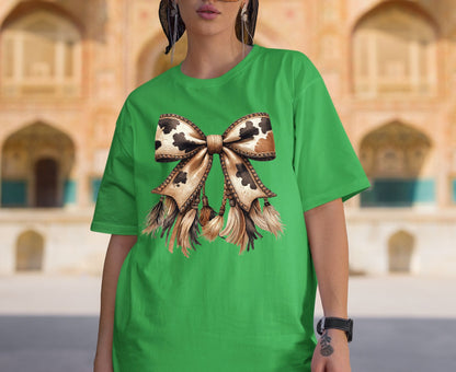 Cow Print Bow T Shirt Adult Youth Toddler Baby Western Graphic Tee Leather Coquette Aesthetic Country Girl Retro Rodeo Feather Tassel Gift
