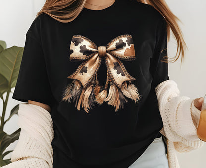 Cow Print Bow T Shirt Adult Youth Toddler Baby Western Graphic Tee Leather Coquette Aesthetic Country Girl Retro Rodeo Feather Tassel Gift