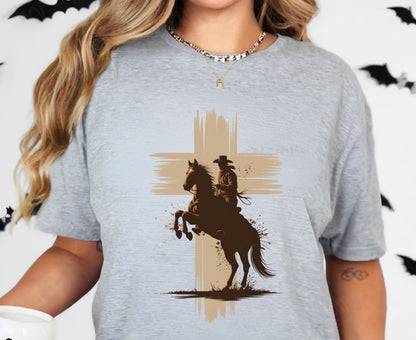 Cowboy Cross T Shirt Adult Youth Toddler Baby Western Graphic Tee Christian Horse Rider Silhouette Retro Rodeo Country Faith Religious Gift