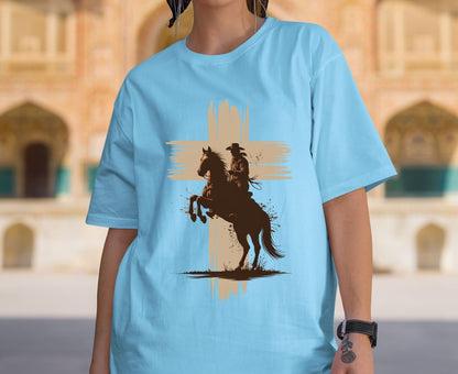 Cowboy Cross T Shirt Adult Youth Toddler Baby Western Graphic Tee Christian Horse Rider Silhouette Retro Rodeo Country Faith Religious Gift