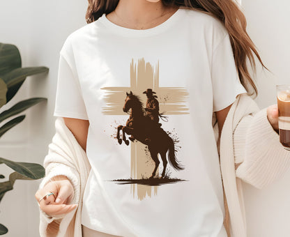 Cowboy Cross T Shirt Adult Youth Toddler Baby Western Graphic Tee Christian Horse Rider Silhouette Retro Rodeo Country Faith Religious Gift
