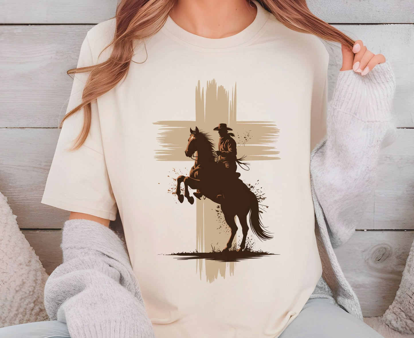 Cowboy Cross T Shirt Adult Youth Toddler Baby Western Graphic Tee Christian Horse Rider Silhouette Retro Rodeo Country Faith Religious Gift