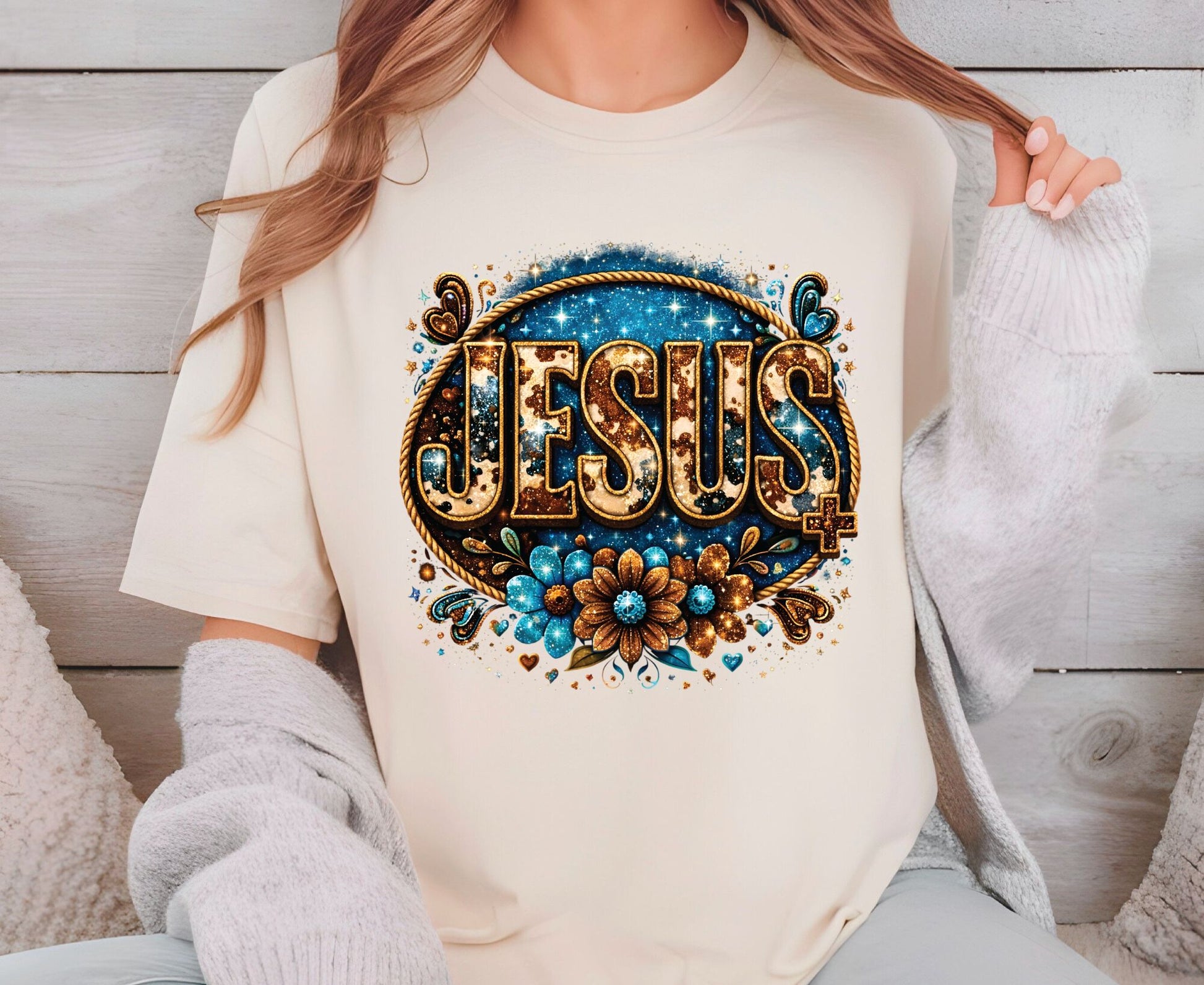 Cowhide Jesus T Shirt Western Christian Tee Faith Based Apparel Adult Youth Toddler Baby Boho Floral Country Shirt Cow Print Jesus Gift