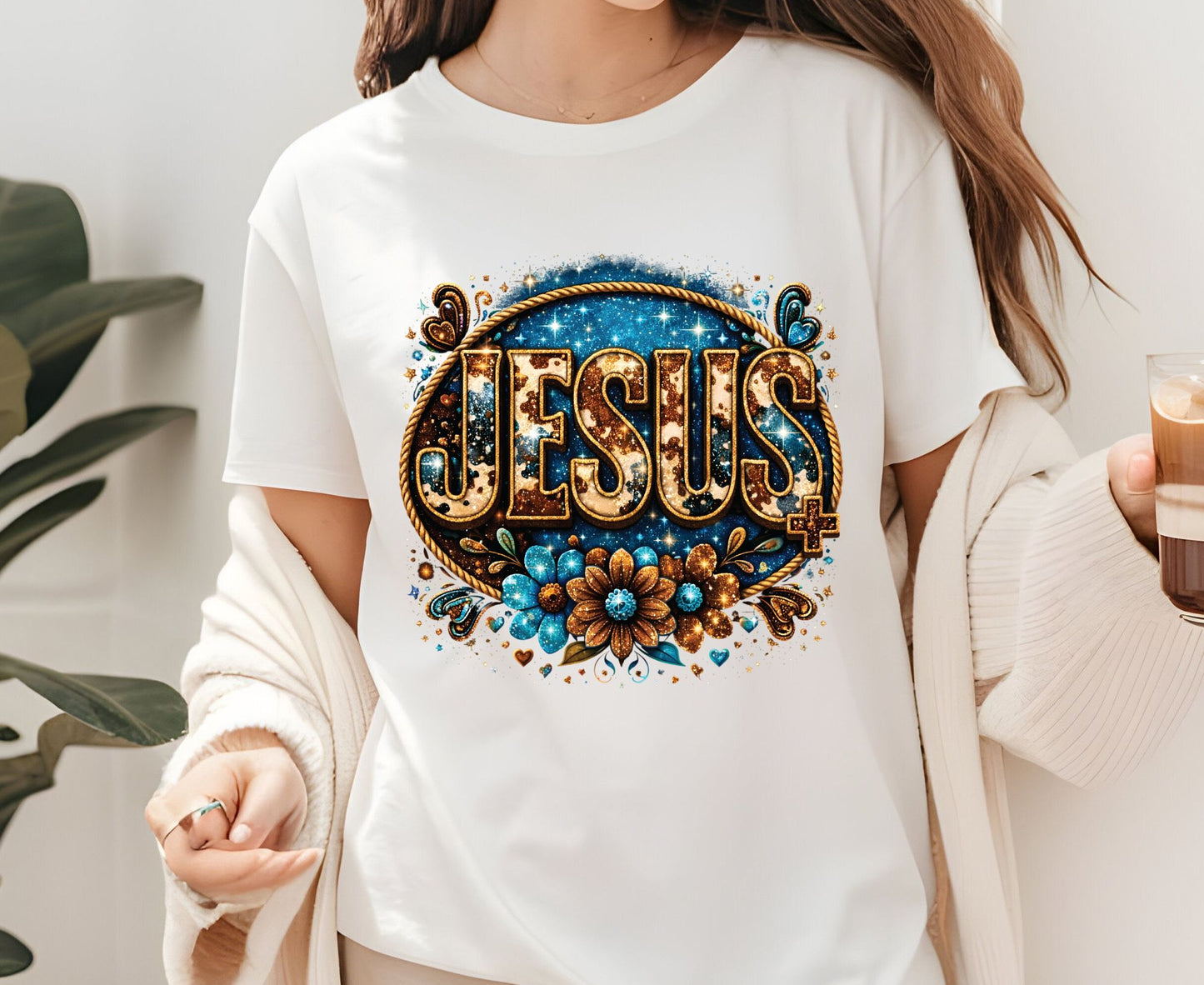 Cowhide Jesus T Shirt Western Christian Tee Faith Based Apparel Adult Youth Toddler Baby Boho Floral Country Shirt Cow Print Jesus Gift