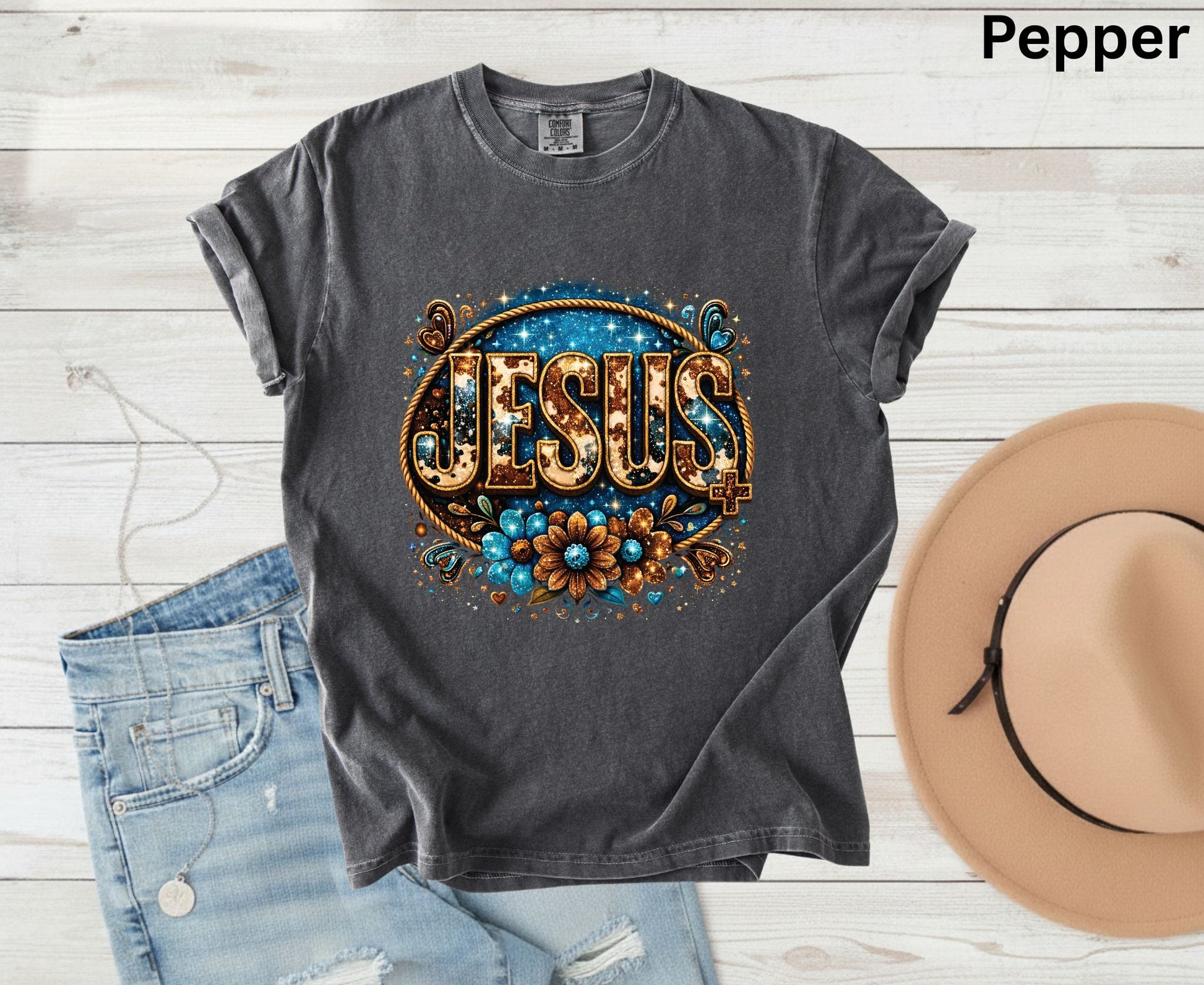 Cowhide Jesus T Shirt Western Christian Tee Faith Based Apparel Adult Youth Toddler Baby Boho Floral Country Shirt Cow Print Jesus Gift