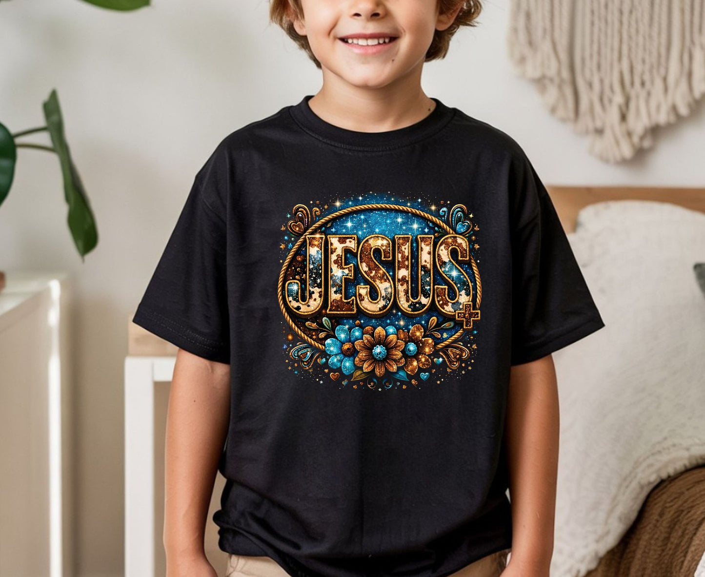 Cowhide Jesus T Shirt Western Christian Tee Faith Based Apparel Adult Youth Toddler Baby Boho Floral Country Shirt Cow Print Jesus Gift