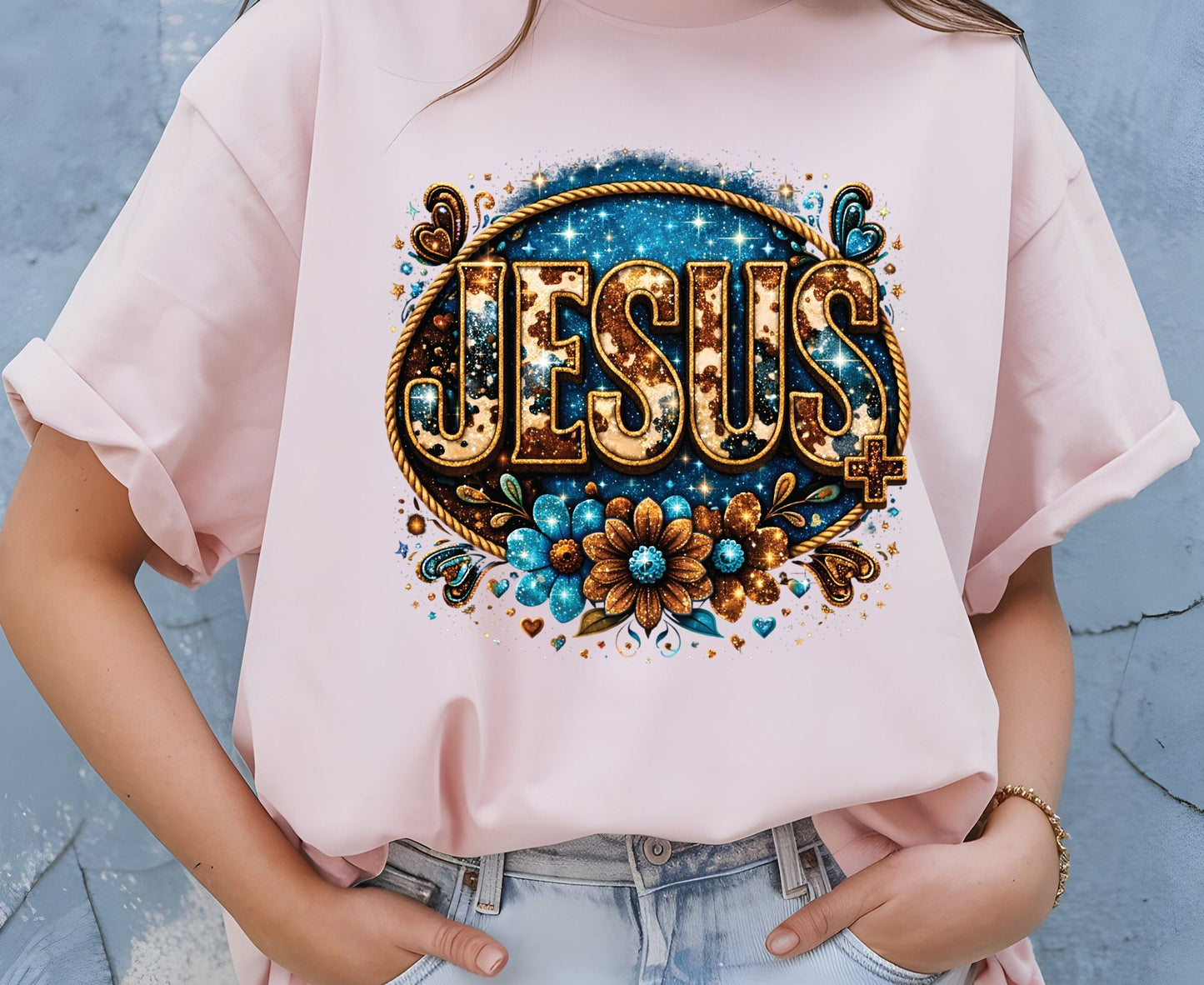 Cowhide Jesus T Shirt Western Christian Tee Faith Based Apparel Adult Youth Toddler Baby Boho Floral Country Shirt Cow Print Jesus Gift